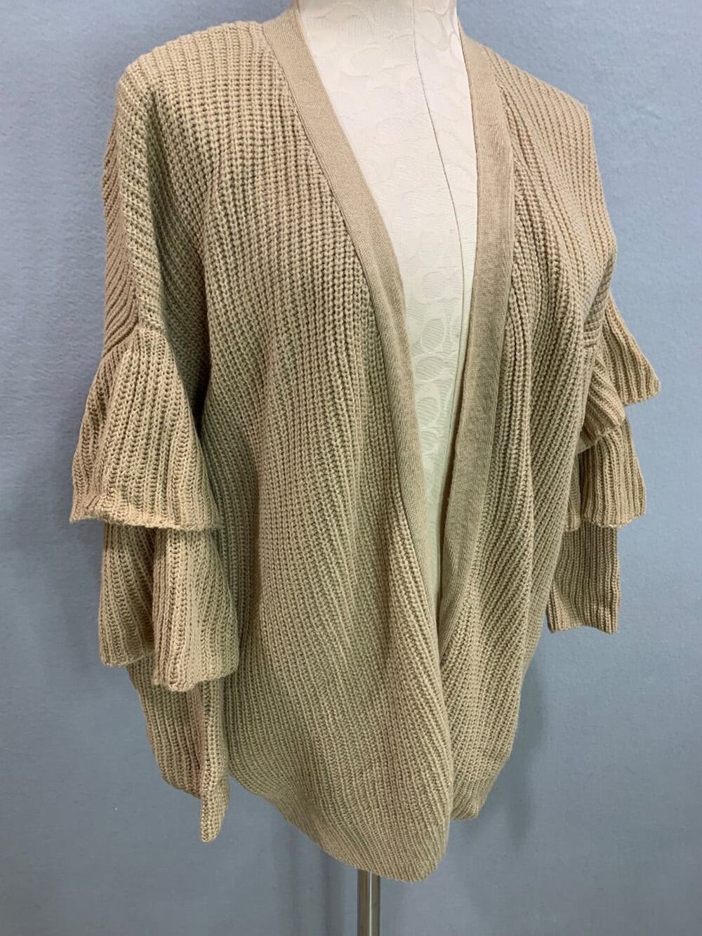 Medium O&O Womens Open Cardigan Brown Ruffle Sleeve Sweater Knit